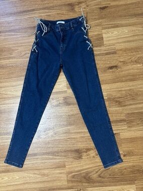 High-Rise Dark Blue Women’s Bedazzled Lace-Up Side Stretch Jeans